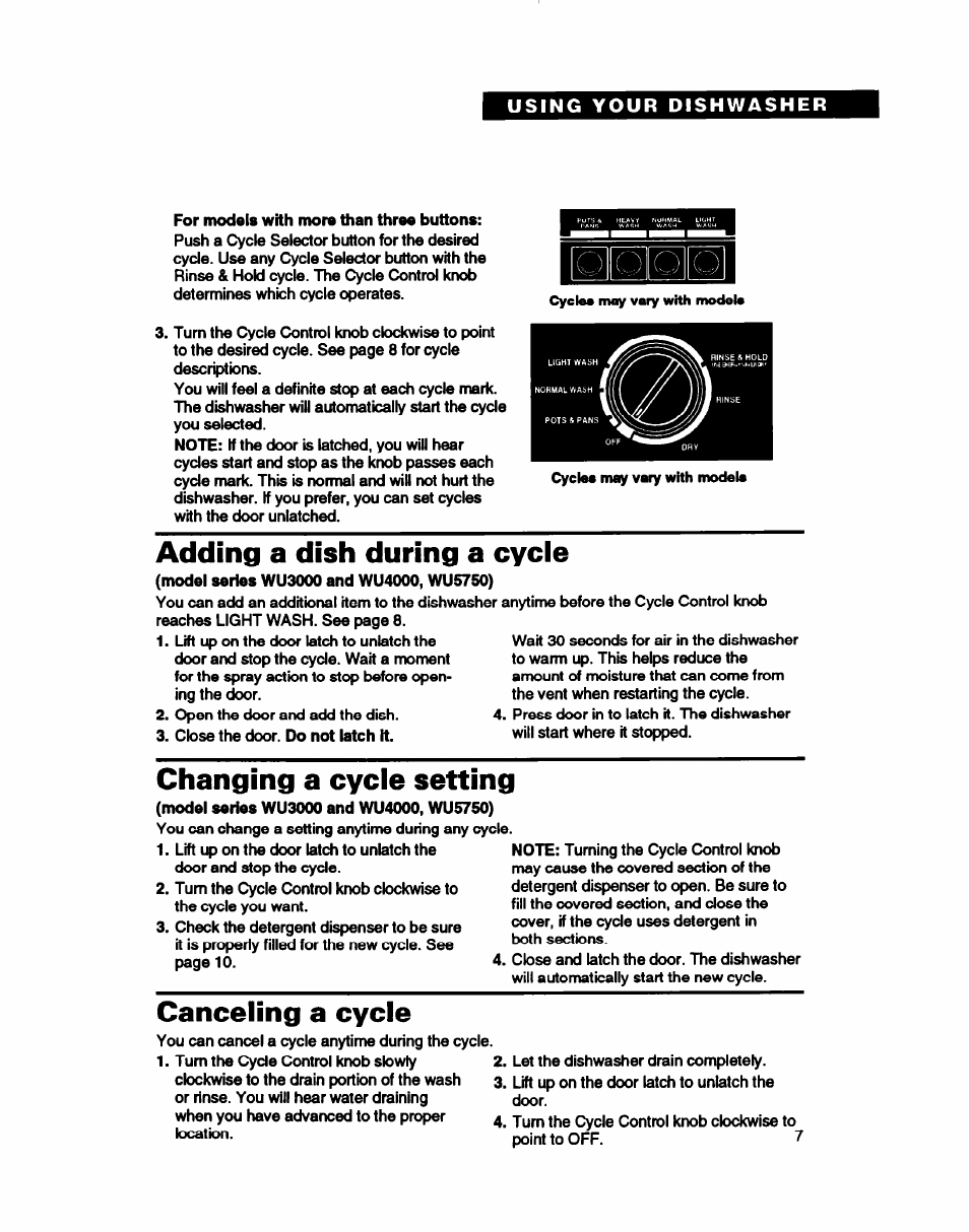 Adding a dish during a cycle, Changing a cycle setting, Canceling a cycle | Whirlpool WU5750 User Manual | Page 7 / 24