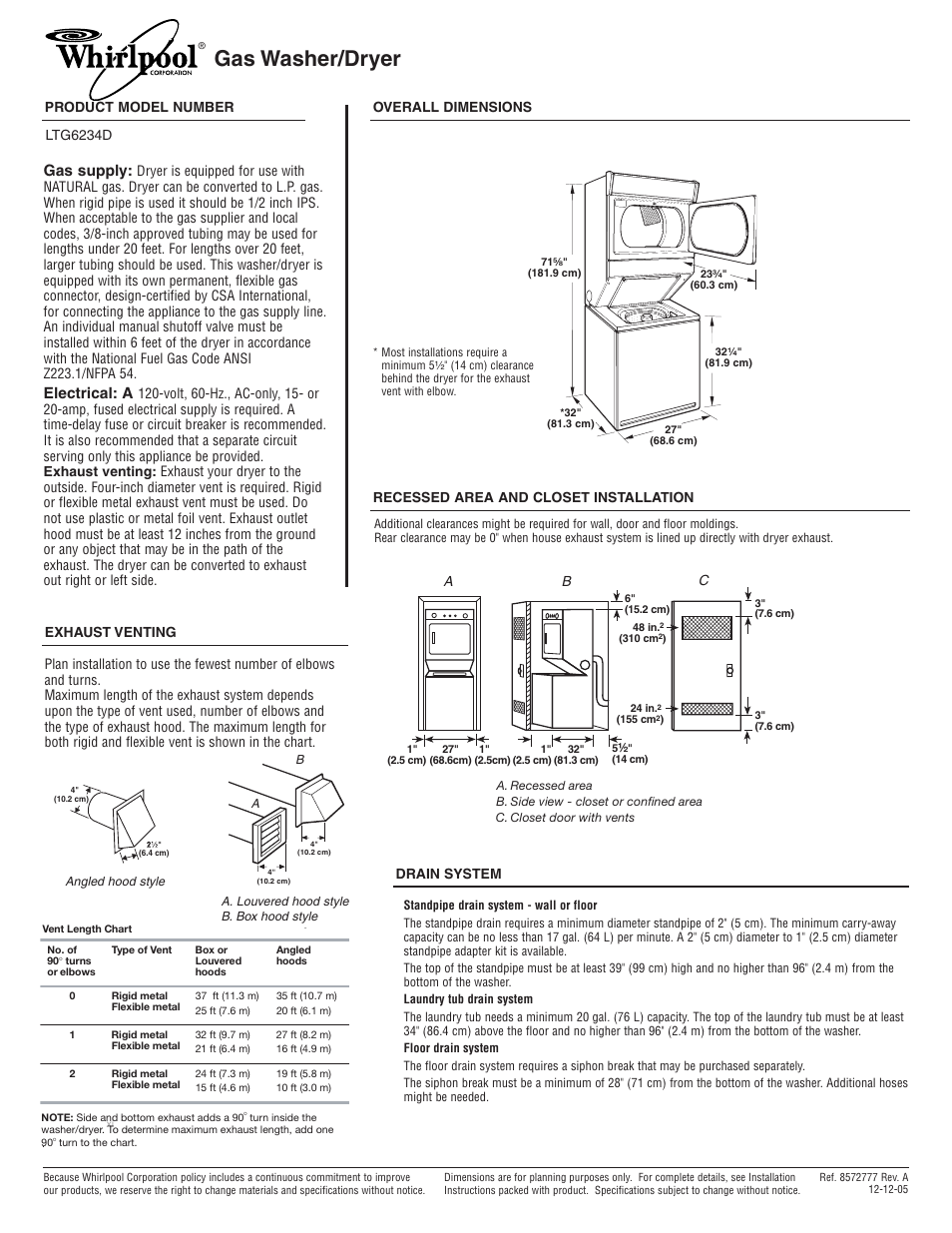Whirlpool LTG6234D User Manual | 1 page