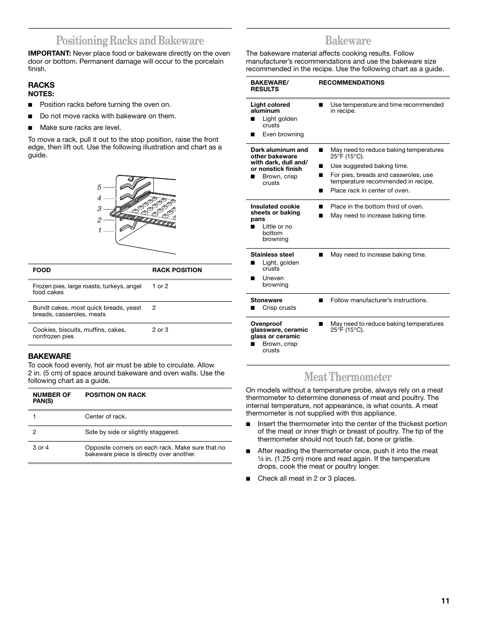 Positioning racks and bakeware, Racks, Bakeware | Meat thermometer | Whirlpool GR450LXL User Manual | Page 11 / 20