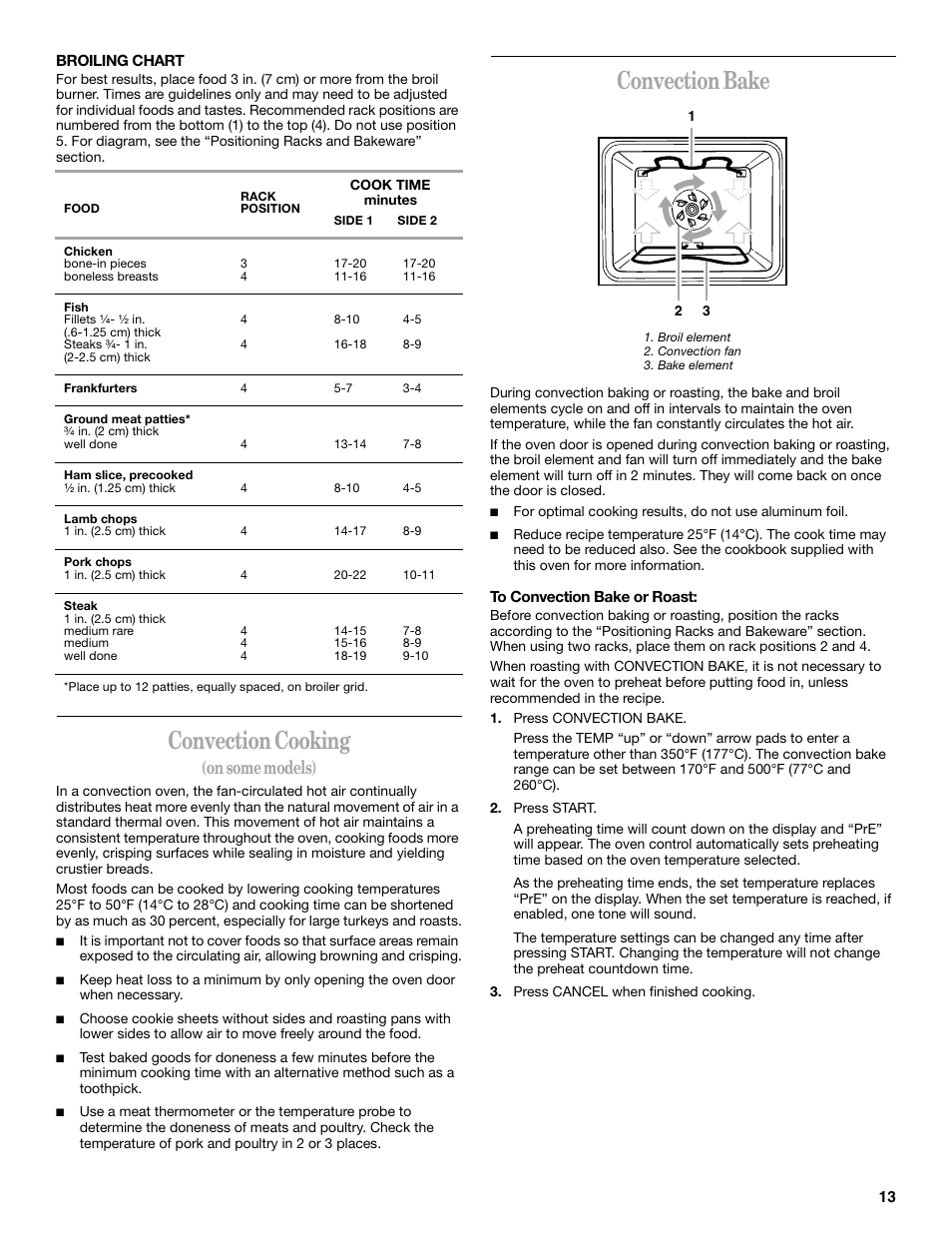 Broiling chart, Convection cooking, On some models) | Convection bake, To convection bake or roast, Press convection bake, Press start, Press cancel when finished cooking | Whirlpool GR450LXL User Manual | Page 13 / 20