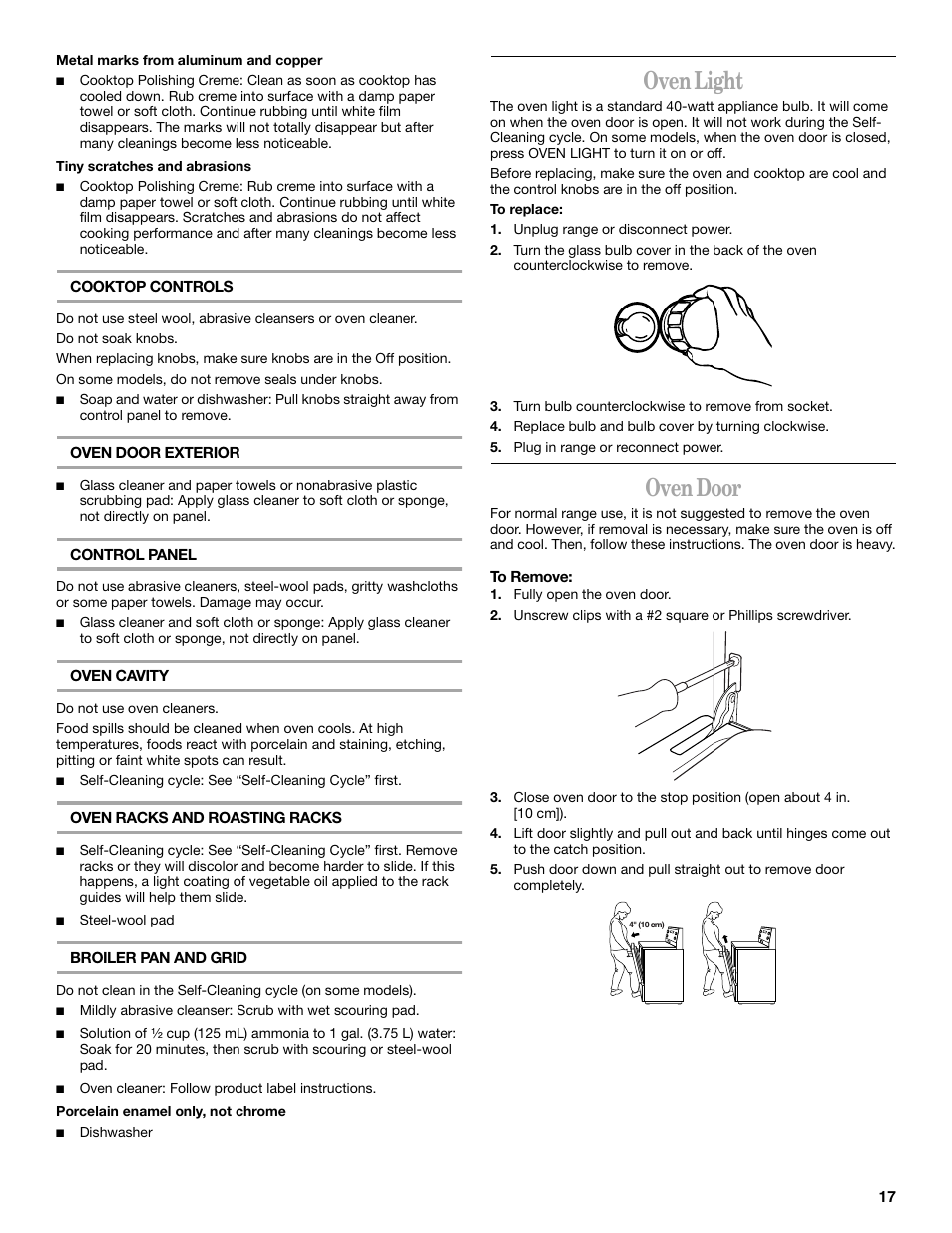 Cooktop controls, Oven door exterior, Control panel | Oven cavity, Oven racks and roasting racks, Broiler pan and grid, Oven light, Unplug range or disconnect power, Turn bulb counterclockwise to remove from socket, Replace bulb and bulb cover by turning clockwise | Whirlpool GR450LXL User Manual | Page 17 / 20