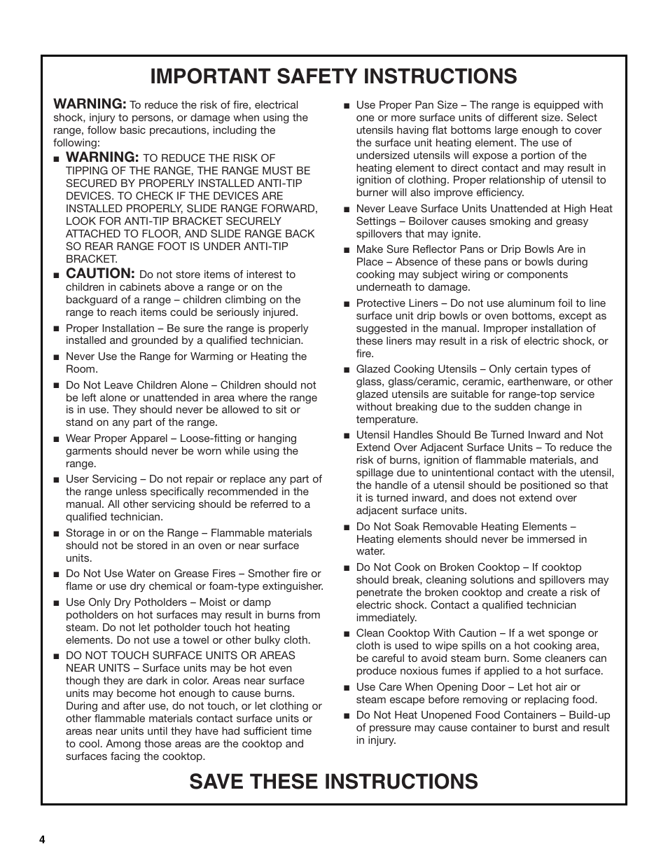 Important safety instructions, Save these instructions, Warning | Caution | Whirlpool GR450LXL User Manual | Page 4 / 20