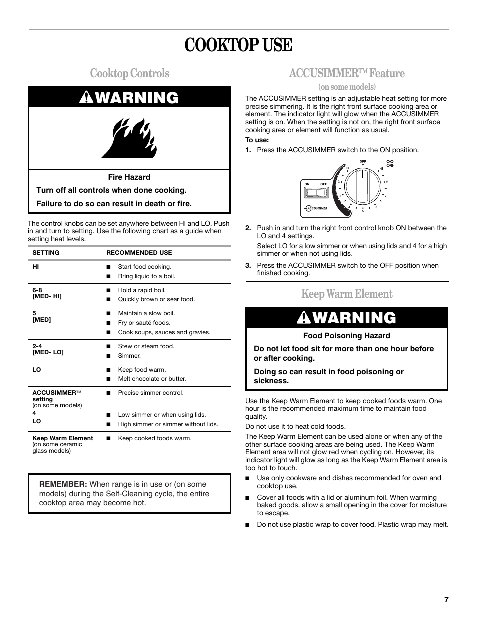 Cooktop use, Cooktop controls, Accusimmer™ feature | On some models), Press the accusimmer switch to the on position, Keep warm element, Warning | Whirlpool GR450LXL User Manual | Page 7 / 20