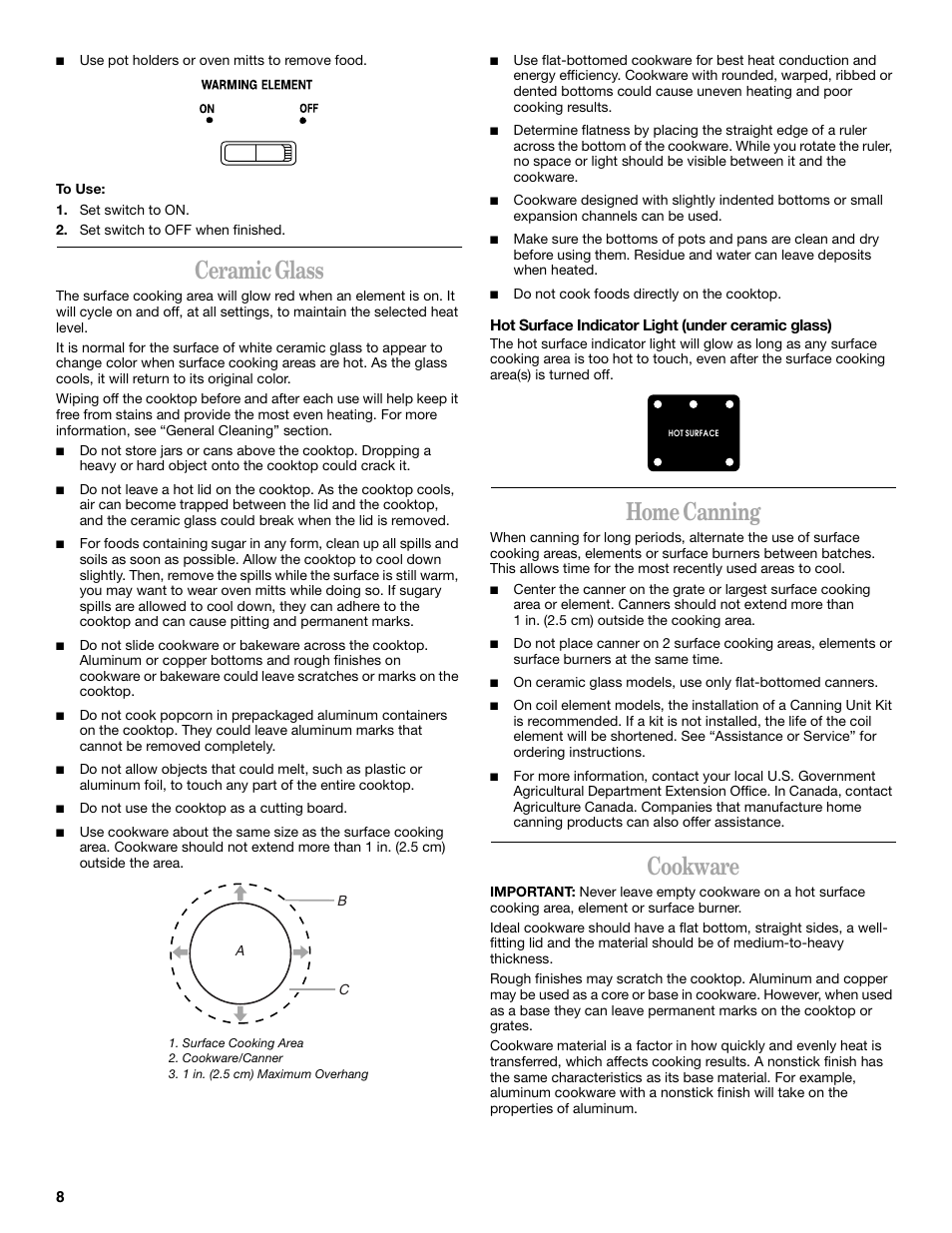 Set switch to on, Set switch to off when finished, Ceramic glass | Hot surface indicator light (under ceramic glass), Home canning, Cookware | Whirlpool GR450LXL User Manual | Page 8 / 20
