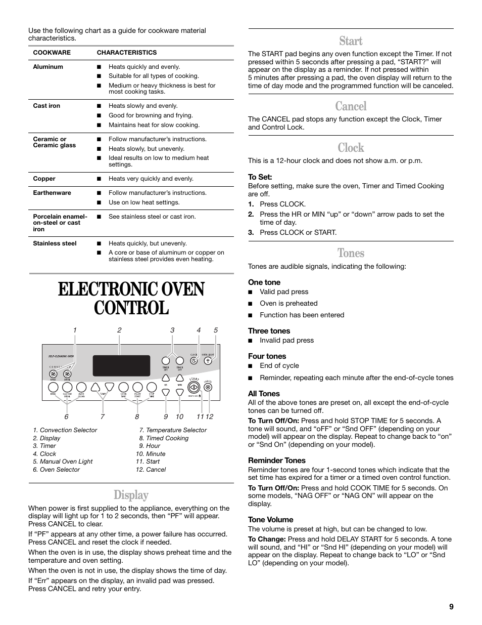 Electronic oven control, Display, Start | Cancel, Clock, To set, Press clock, Press clock or start, Tones, One tone | Whirlpool GR450LXL User Manual | Page 9 / 20