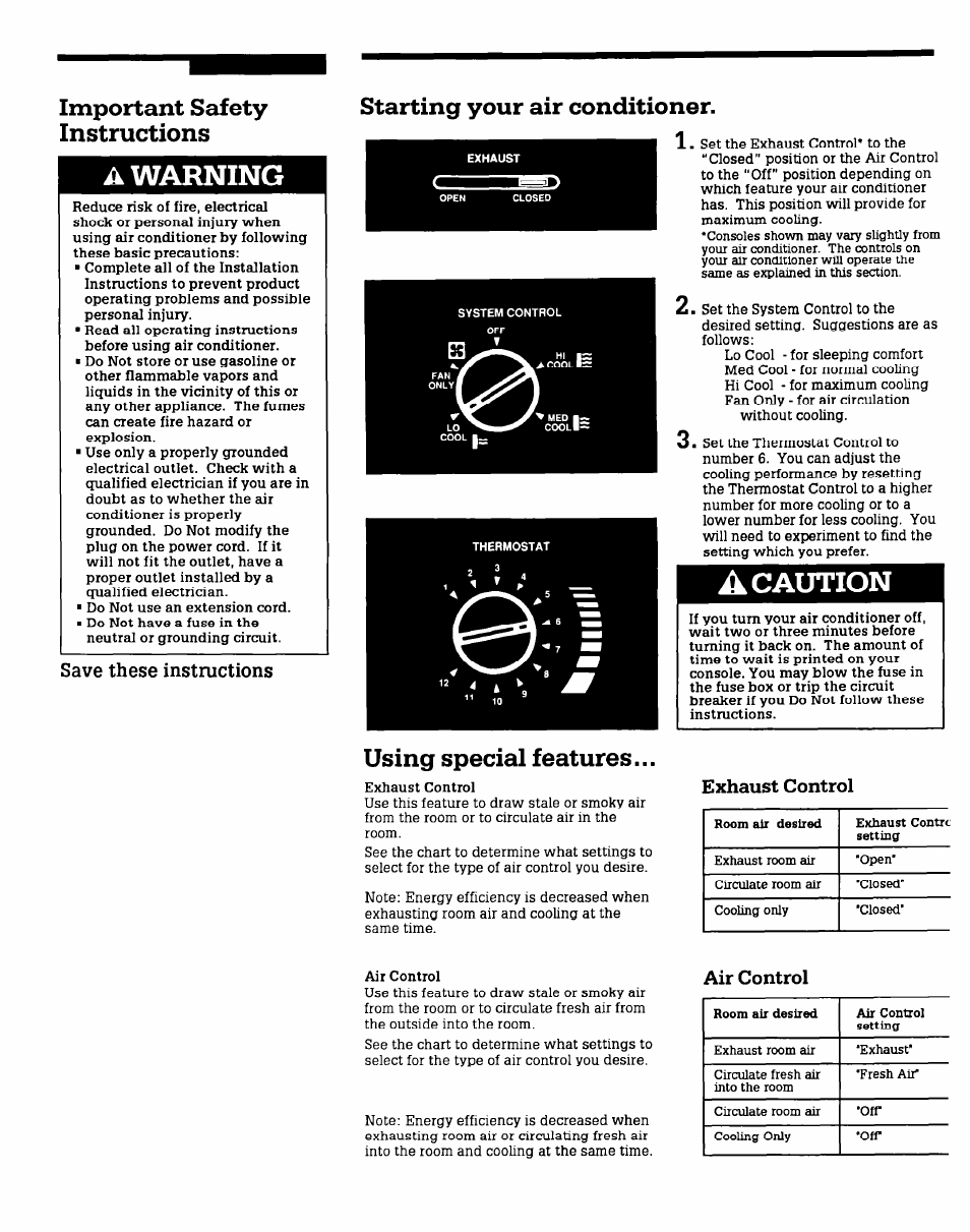 Exhaust control, Air control, Warning | A caution, Important safety instructions a, Starting your air conditioner, Using special features, Save these instructions | Whirlpool X12002V0 User Manual | Page 2 / 6