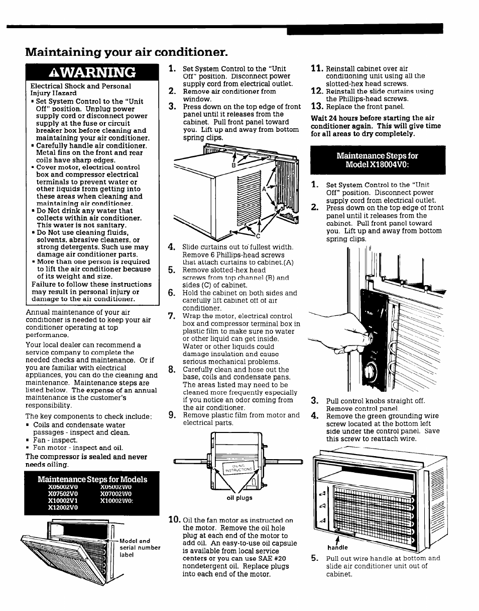 Warning, Maintenance steps for model x18004v0, Maintaining your air conditioner | Whirlpool X12002V0 User Manual | Page 3 / 6