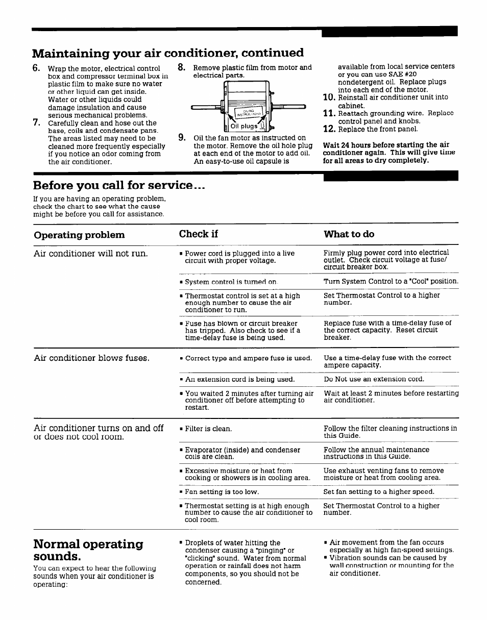 Maintaining your air conditioner, continued, Before you call for service, Normal operating sounds | Operating problem check if what to do | Whirlpool X12002V0 User Manual | Page 4 / 6