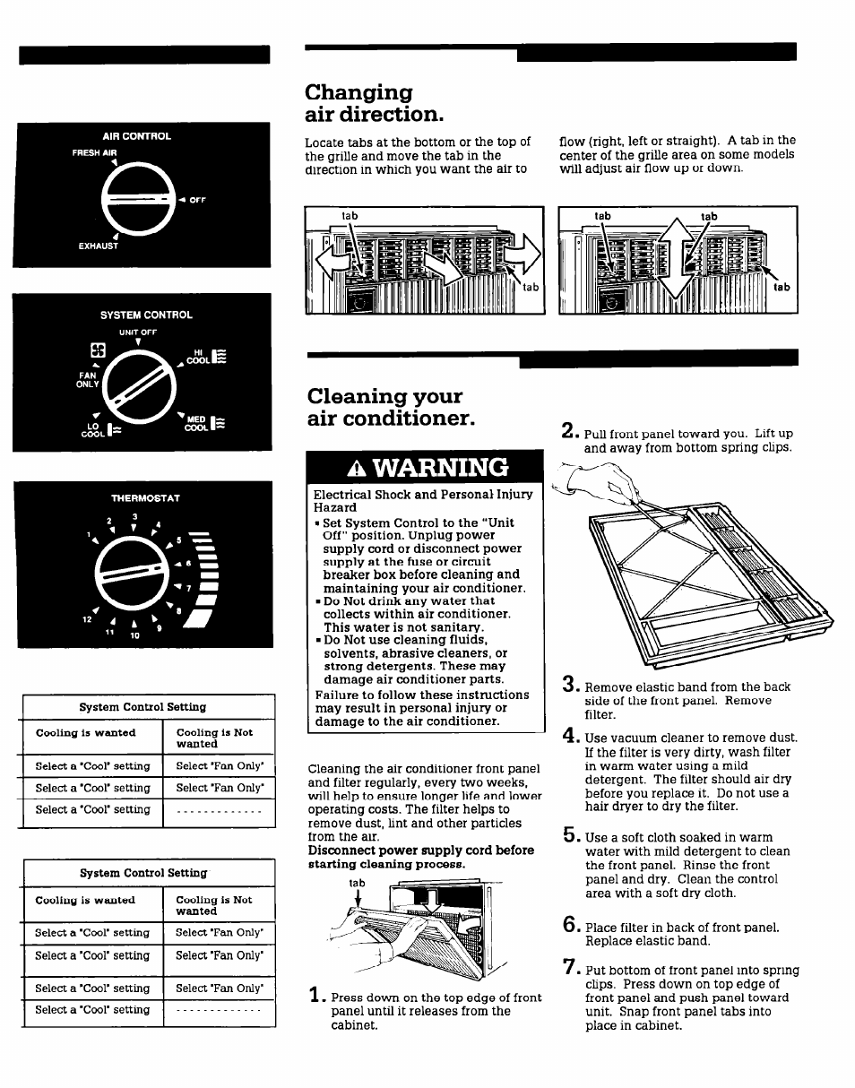 A warning, Changing air direction, Cleaning your air conditioner | Whirlpool X12002V0 User Manual | Page 5 / 6