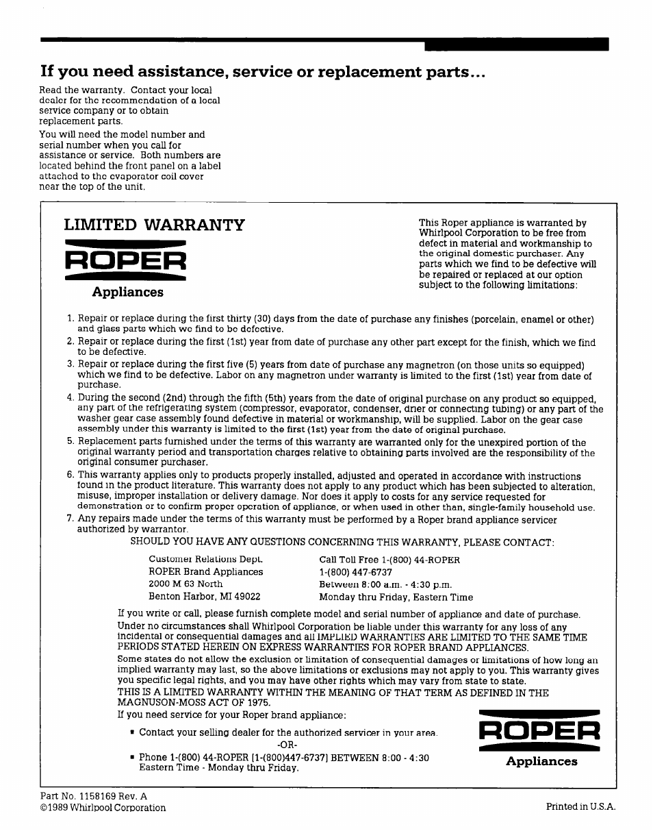 Appliances, Limited warranty | Whirlpool X12002V0 User Manual | Page 6 / 6