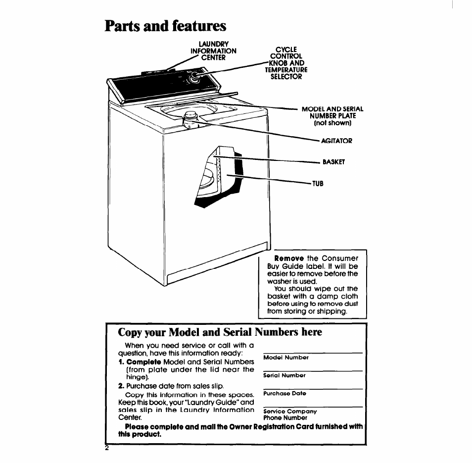 Parts and features, Copy your model and serial numbers here | Whirlpool LA3800XS User Manual | Page 2 / 12