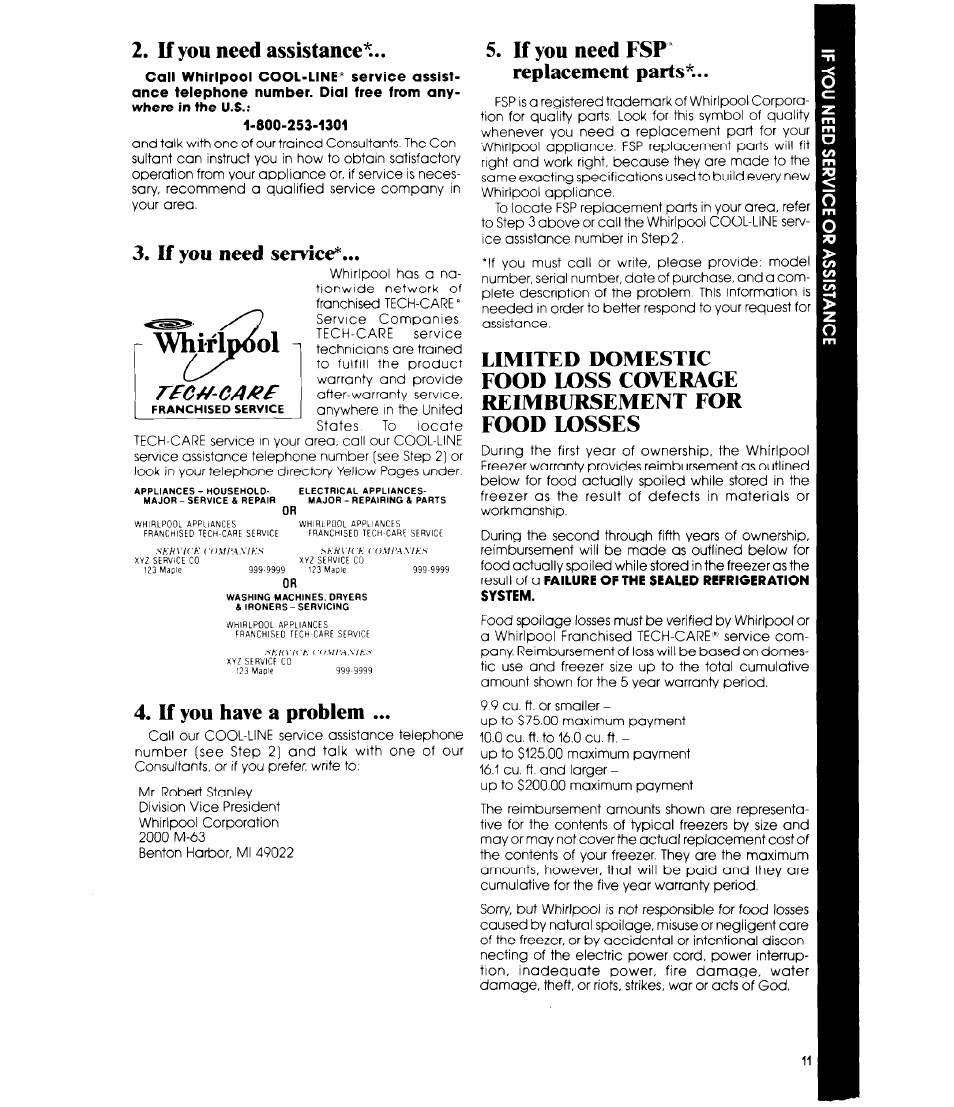 If you need assistance, If you need service, If you have a problem | If you need fsp" replaeement parts, Whirlpool | Whirlpool EV0G0F User Manual | Page 11 / 12