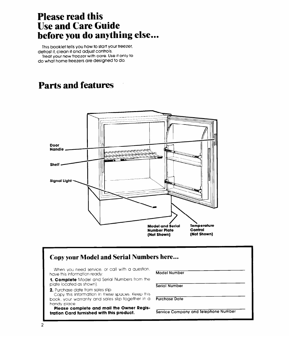 Please read this, Use and care guide, Before you do anything else | Parts and features, Copy your model and serial numbers here | Whirlpool EV0G0F User Manual | Page 2 / 12