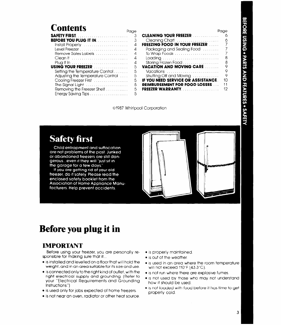 Contents p, Safety first, Before you plug it in | Important | Whirlpool EV0G0F User Manual | Page 3 / 12