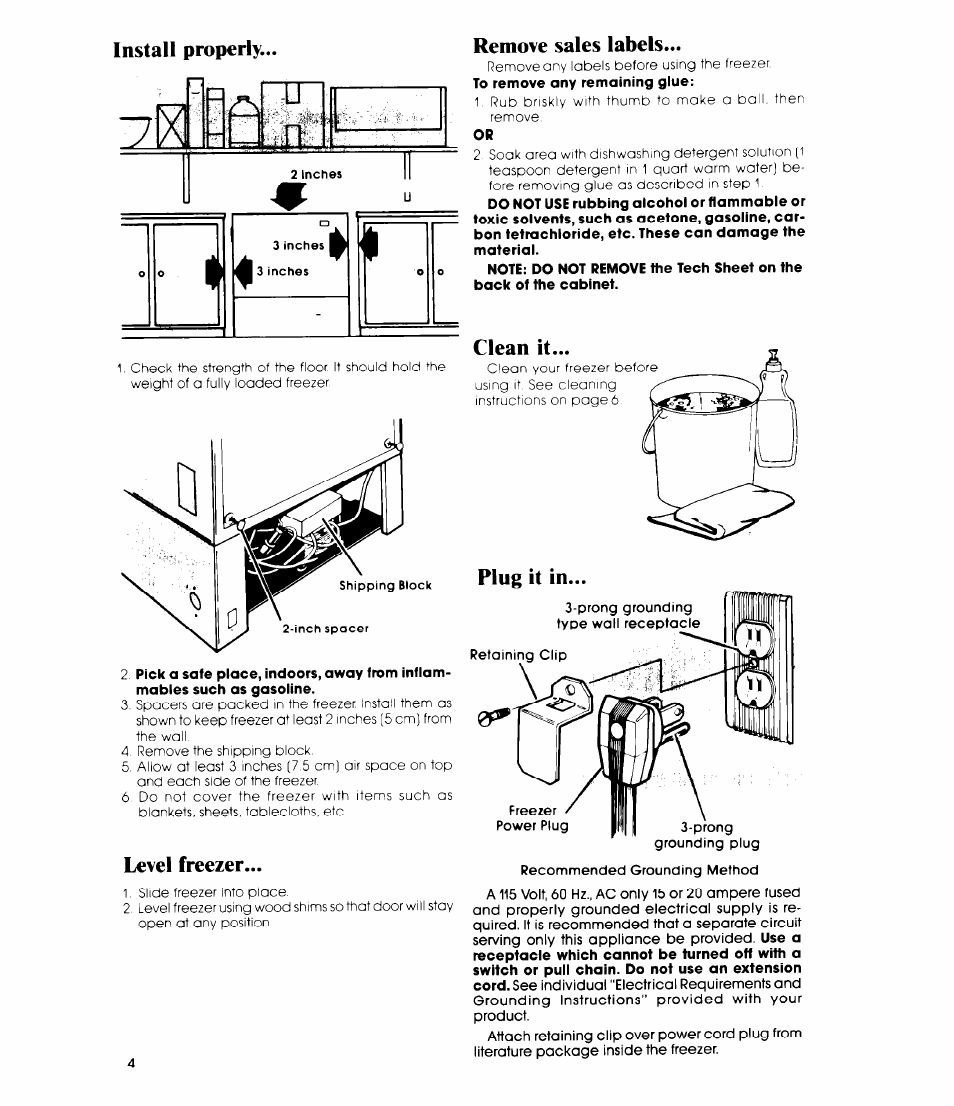 Install properly, Remove sales labels, Plug it in | Remove soles labels, Level freezer | Whirlpool EV0G0F User Manual | Page 4 / 12