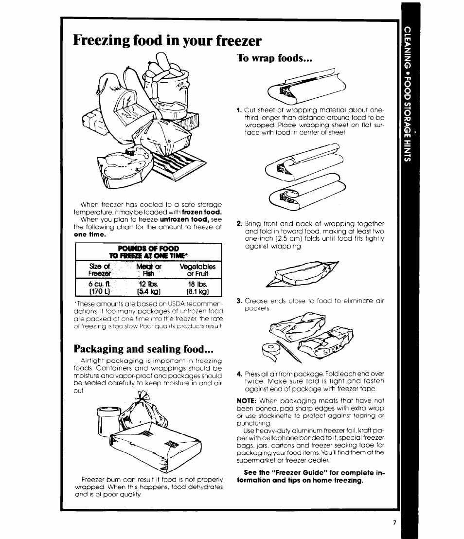 Freezing food in your freezer, To wrap foods, Packaging and sealing food | Whirlpool EV0G0F User Manual | Page 7 / 12