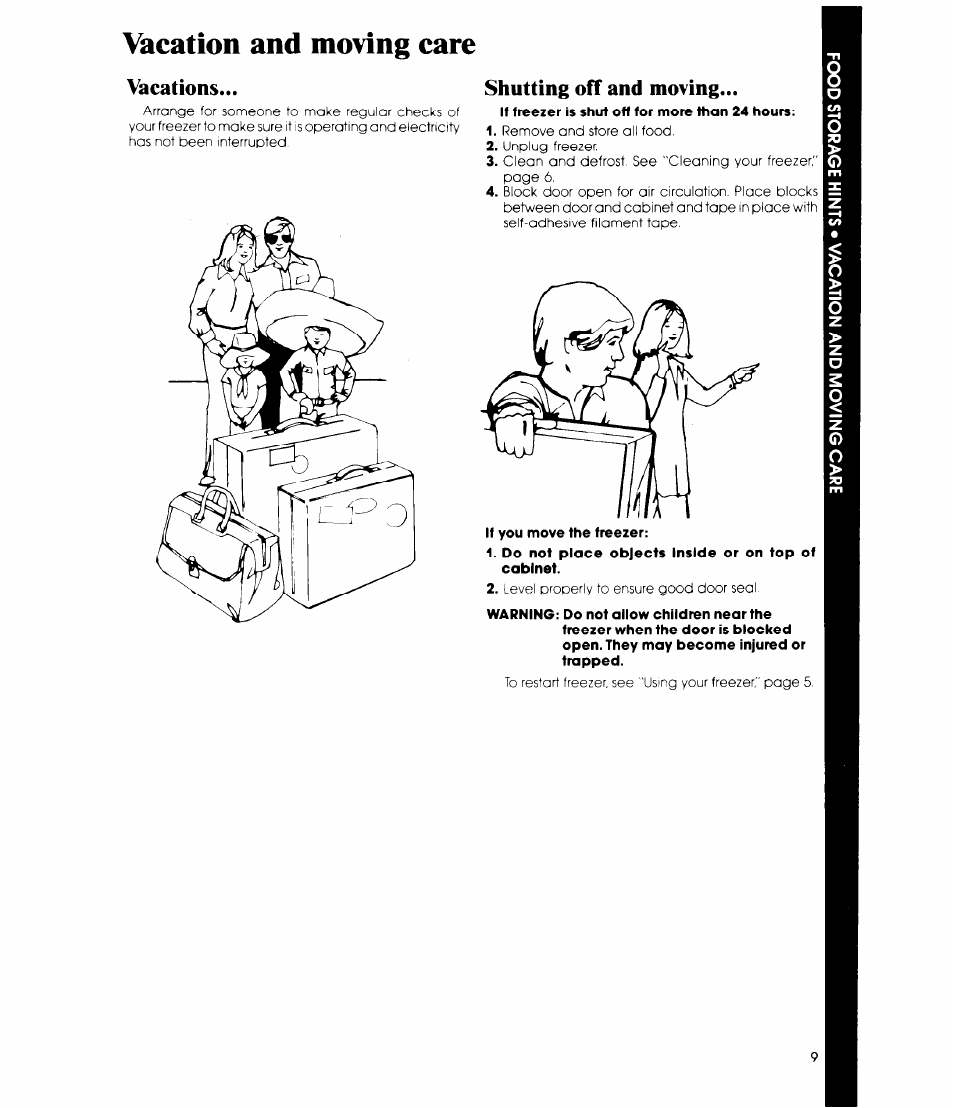 Vacation and moving care, Vacations, Shutting off and moving | Whirlpool EV0G0F User Manual | Page 9 / 12