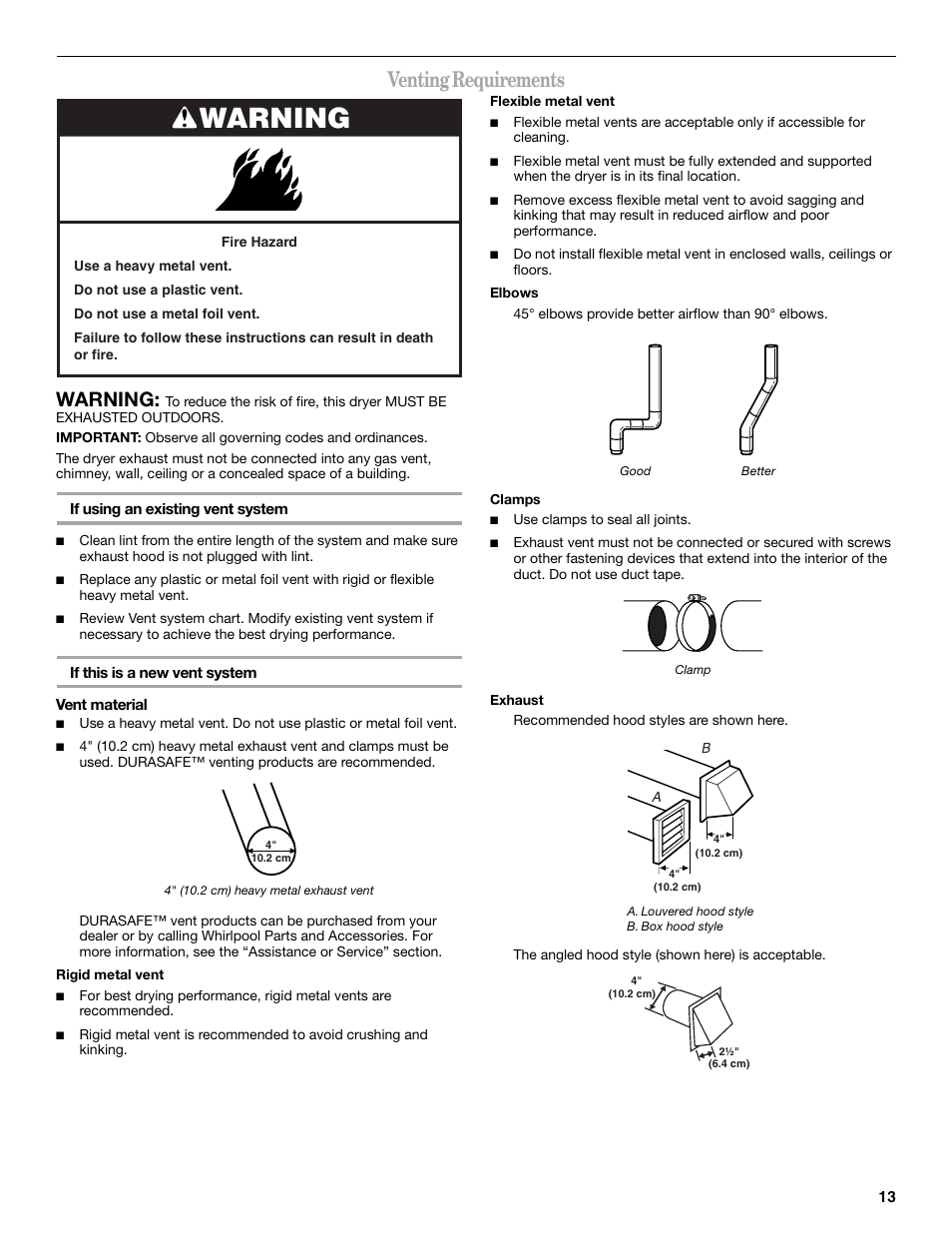 Venting requirements, Warning | Whirlpool Duet W10151592A User Manual | Page 13 / 28