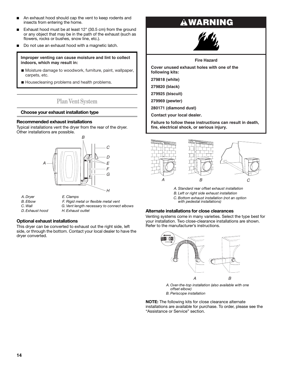 Warning, Plan vent system | Whirlpool Duet W10151592A User Manual | Page 14 / 28