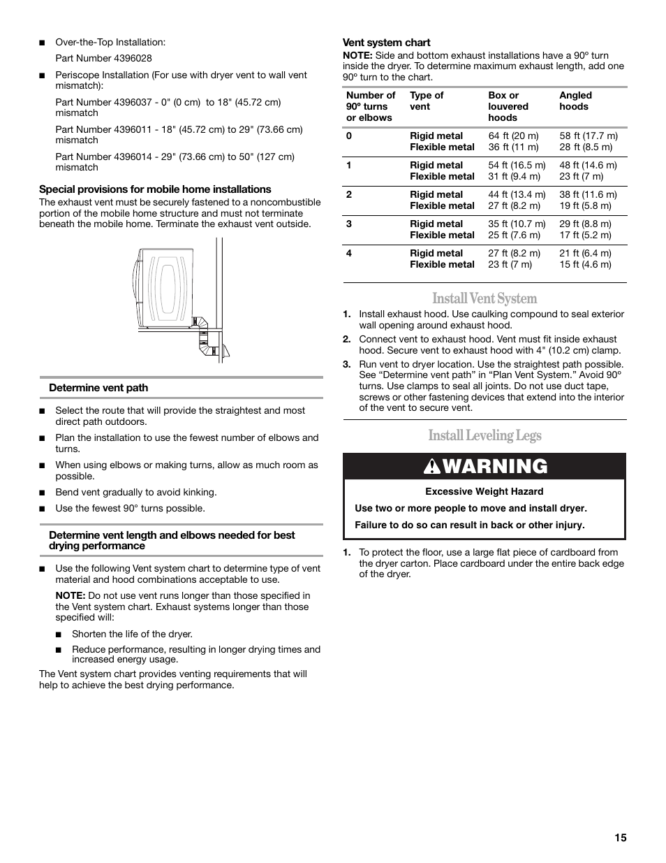 Warning, Install vent system, Install leveling legs | Whirlpool Duet W10151592A User Manual | Page 15 / 28