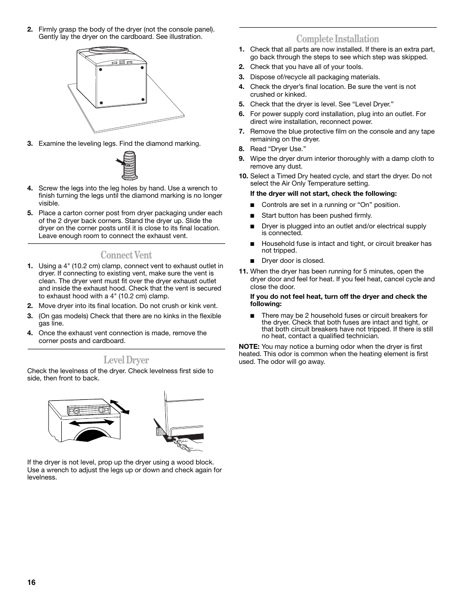 Connect vent, Level dryer, Complete installation | Whirlpool Duet W10151592A User Manual | Page 16 / 28