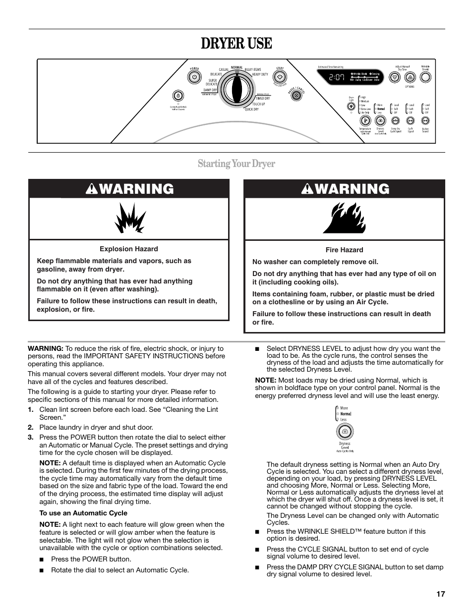 Dryer use, Warning, Starting your dryer | Whirlpool Duet W10151592A User Manual | Page 17 / 28