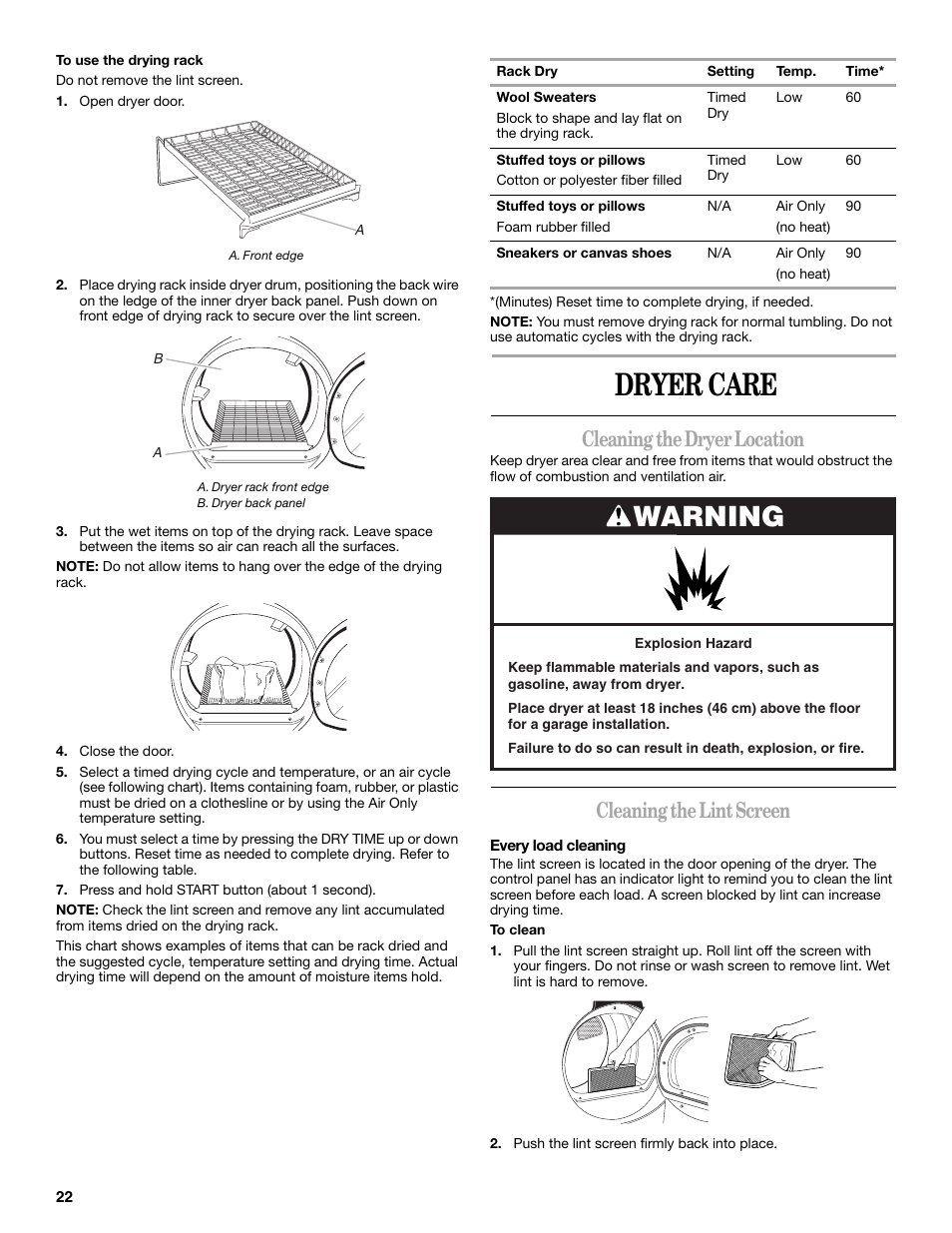 Dryer care, Warning, Cleaning the dryer location | Cleaning the lint screen | Whirlpool Duet W10151592A User Manual | Page 22 / 28