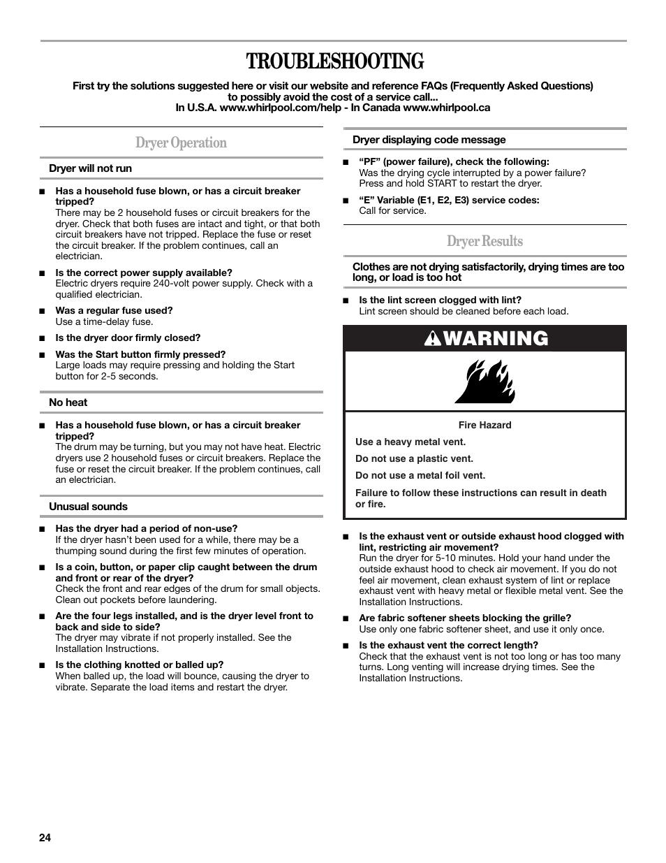 Troubleshooting, Warning, Dryer operation | Dryer results | Whirlpool Duet W10151592A User Manual | Page 24 / 28