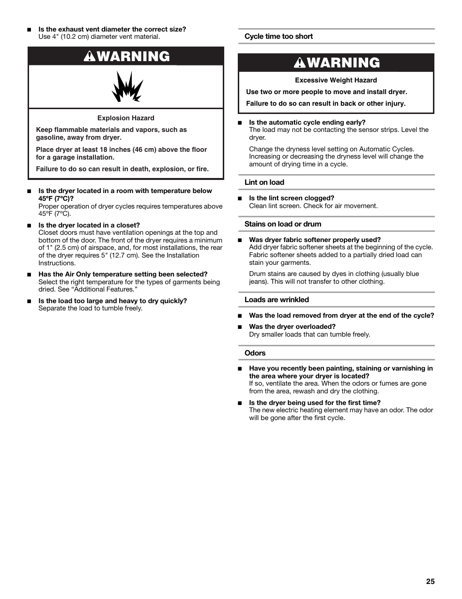 Warning | Whirlpool Duet W10151592A User Manual | Page 25 / 28