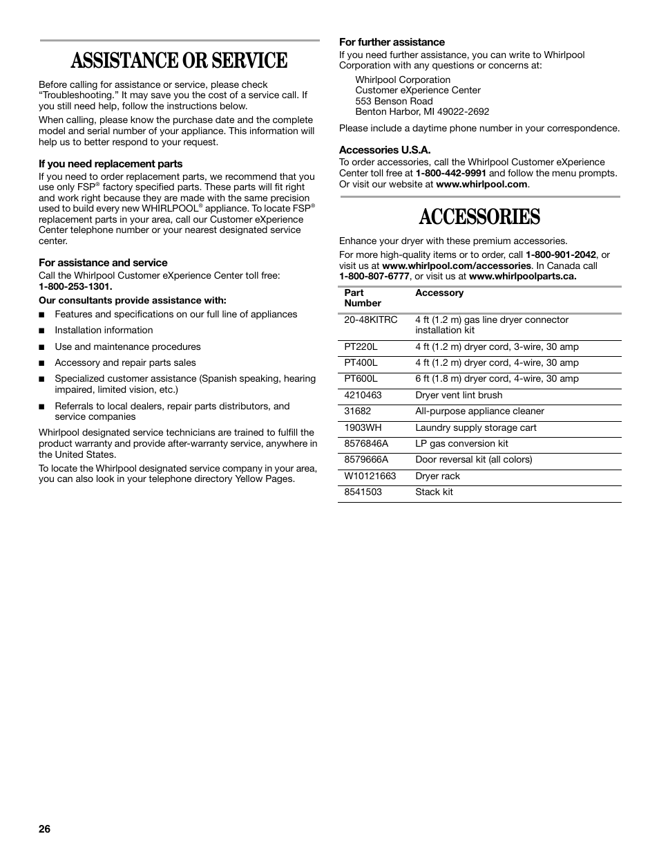 Assistance or service, Accessories | Whirlpool Duet W10151592A User Manual | Page 26 / 28