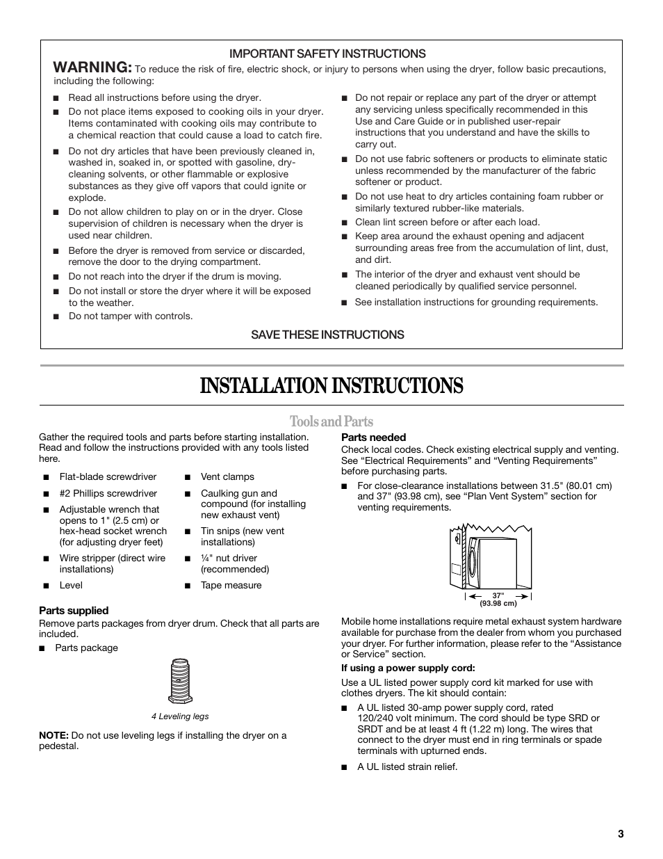 Installation instructions, Tools and parts, Warning | Important safety instructions, Save these instructions | Whirlpool Duet W10151592A User Manual | Page 3 / 28