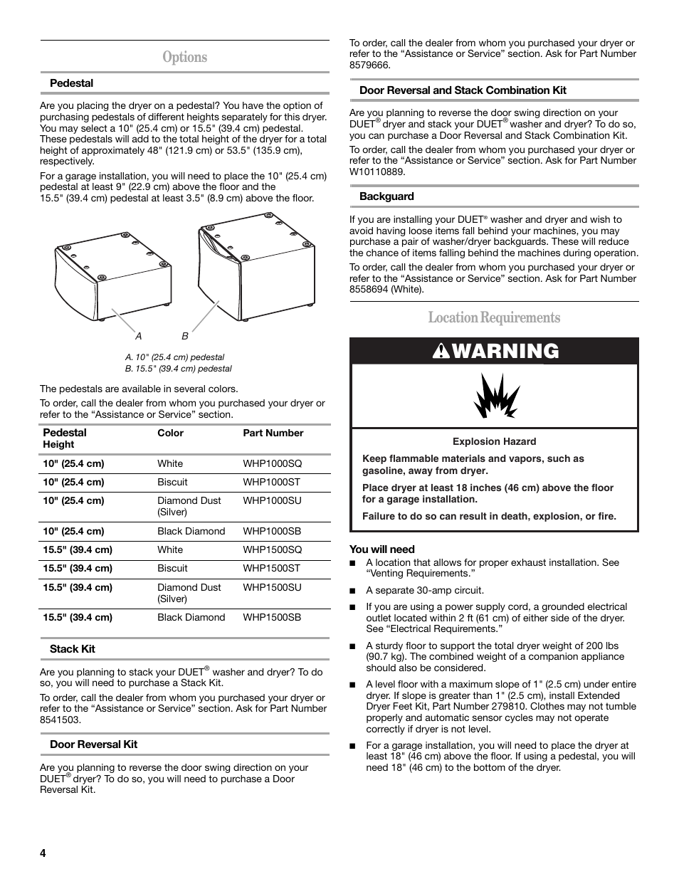 Warning, Options, Location requirements | Whirlpool Duet W10151592A User Manual | Page 4 / 28