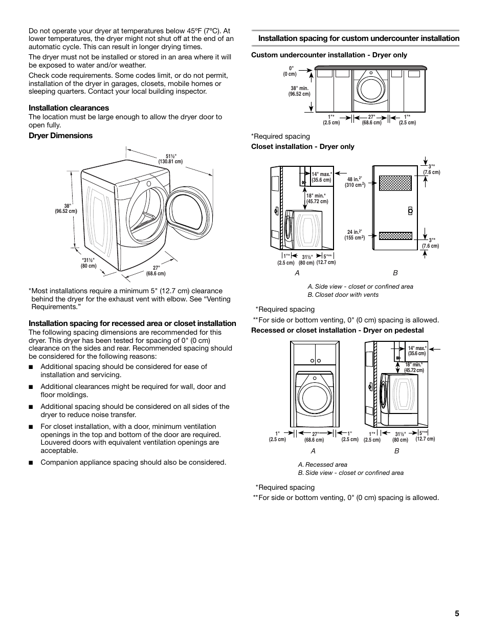 Installation clearances, Dryer dimensions | Whirlpool Duet W10151592A User Manual | Page 5 / 28