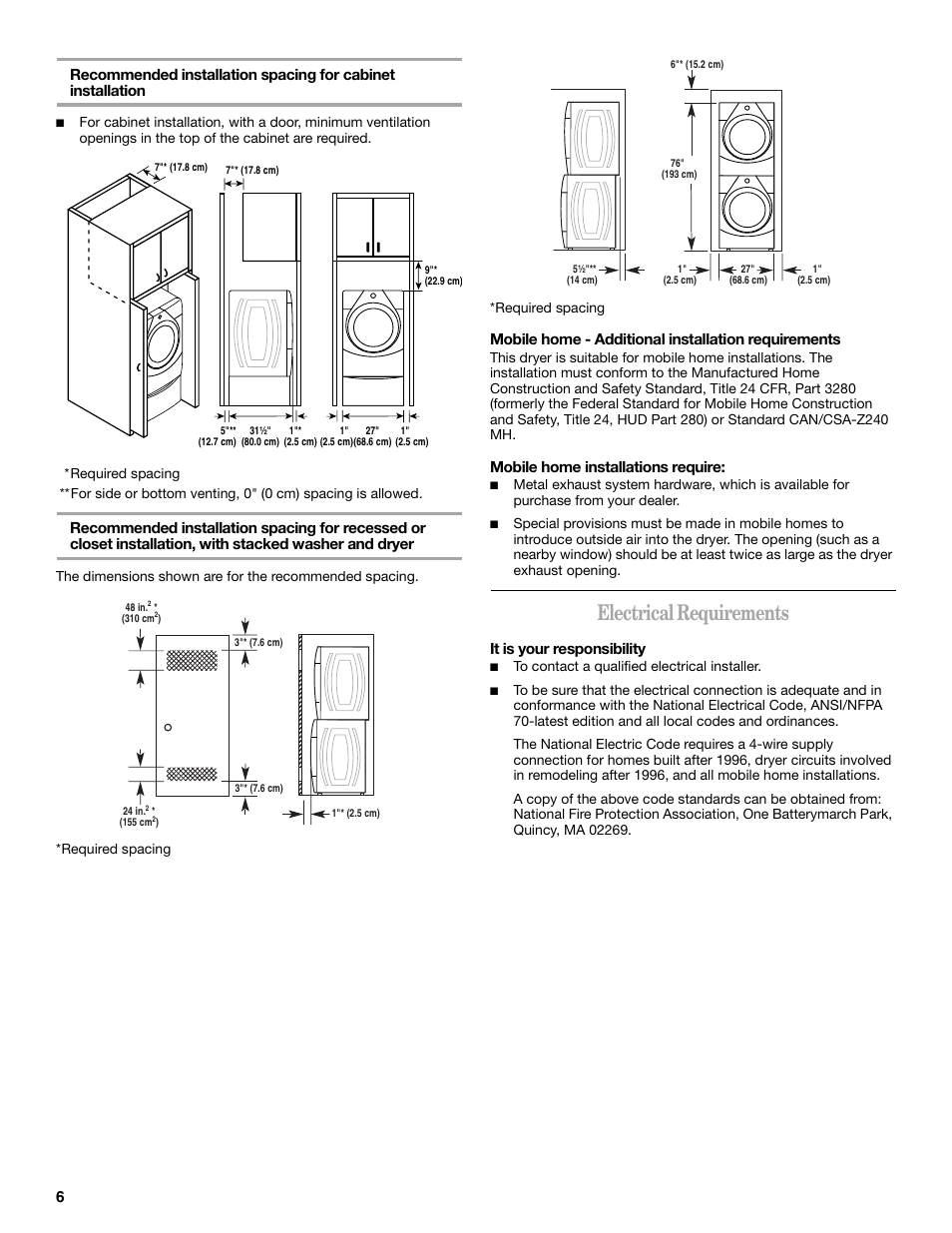 Electrical requirements, Mobile home - additional installation requirements, Mobile home installations require | It is your responsibility | Whirlpool Duet W10151592A User Manual | Page 6 / 28