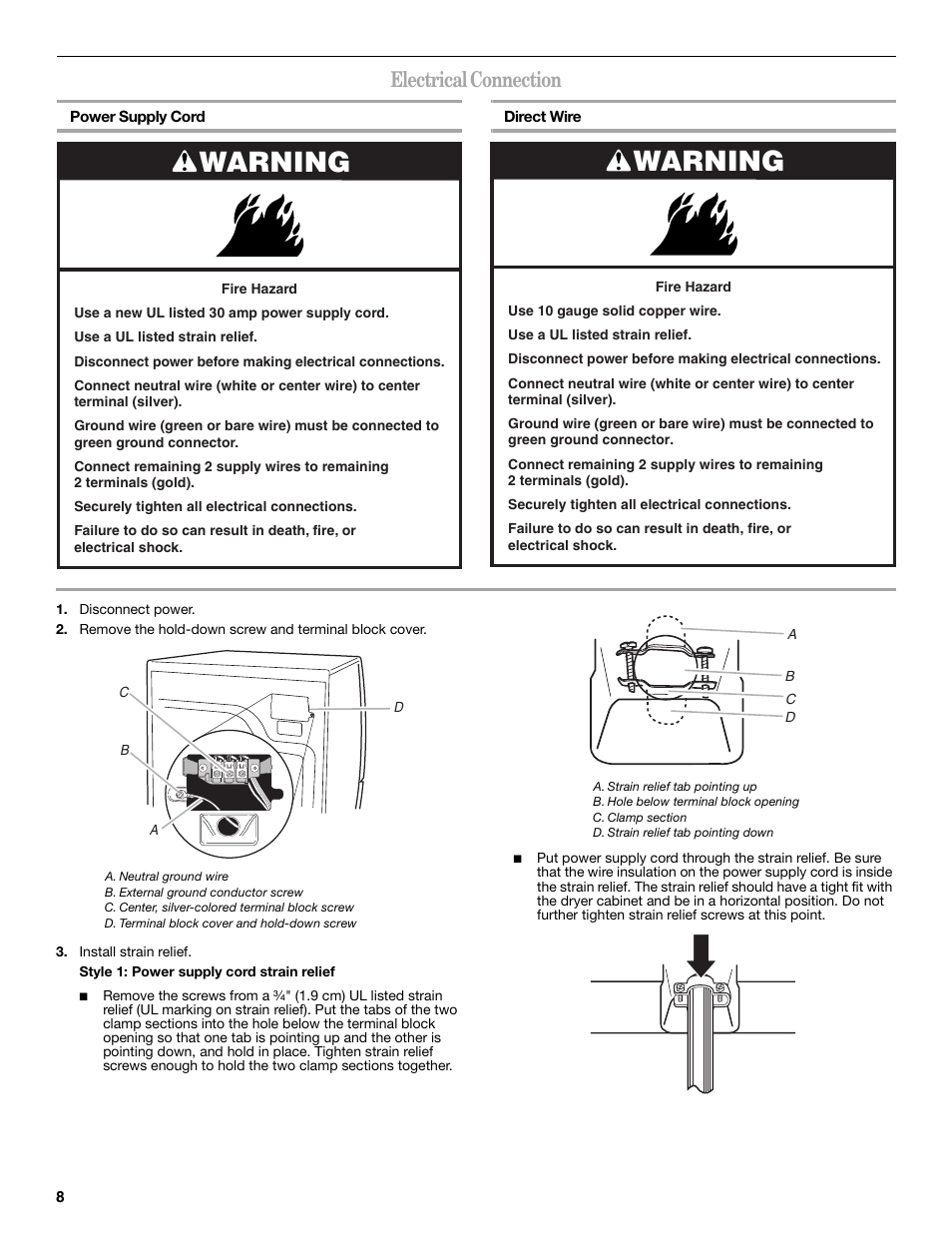 Warning, Electrical connection | Whirlpool Duet W10151592A User Manual | Page 8 / 28
