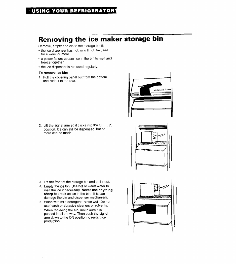 Removing the ice maker storage bin, Using your refrigerator | Whirlpool 6ED25DQ User Manual | Page 14 / 24