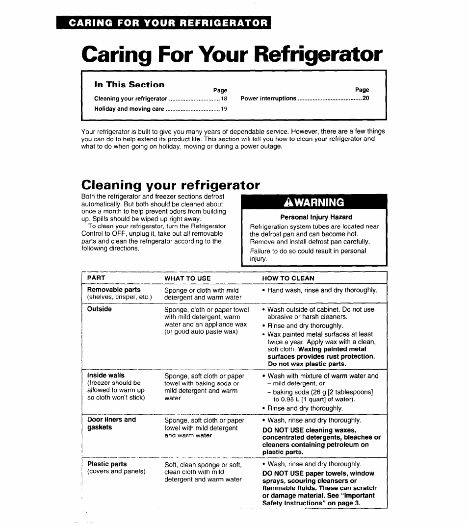 Caring for your refrigerator, Cleaning your refrigerator, Awarning | Whirlpool 6ED25DQ User Manual | Page 18 / 24