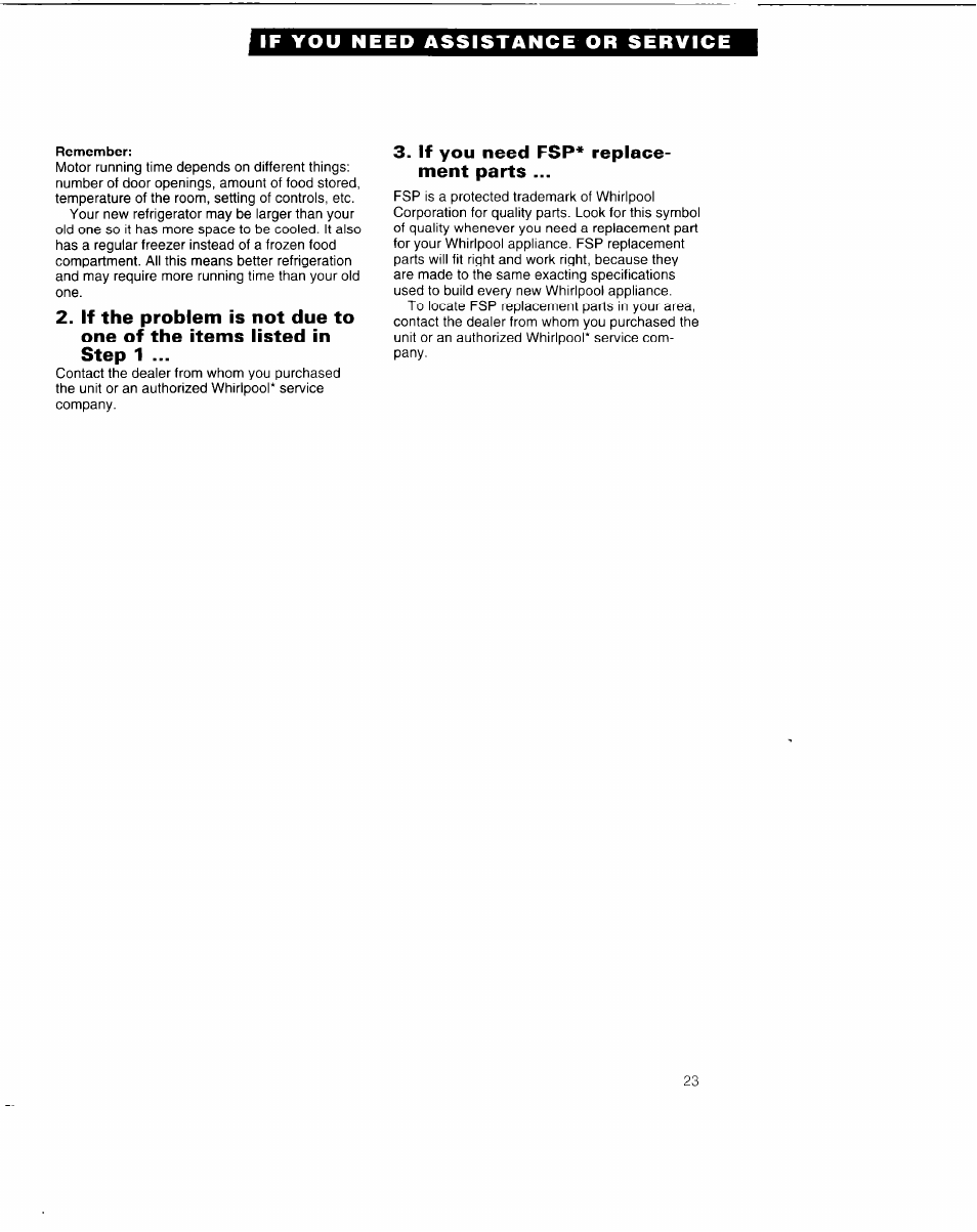 If you need fsp* replacement parts, If you need assistance or service, If you need fsp* replace­ ment parts | Whirlpool 6ED25DQ User Manual | Page 23 / 24