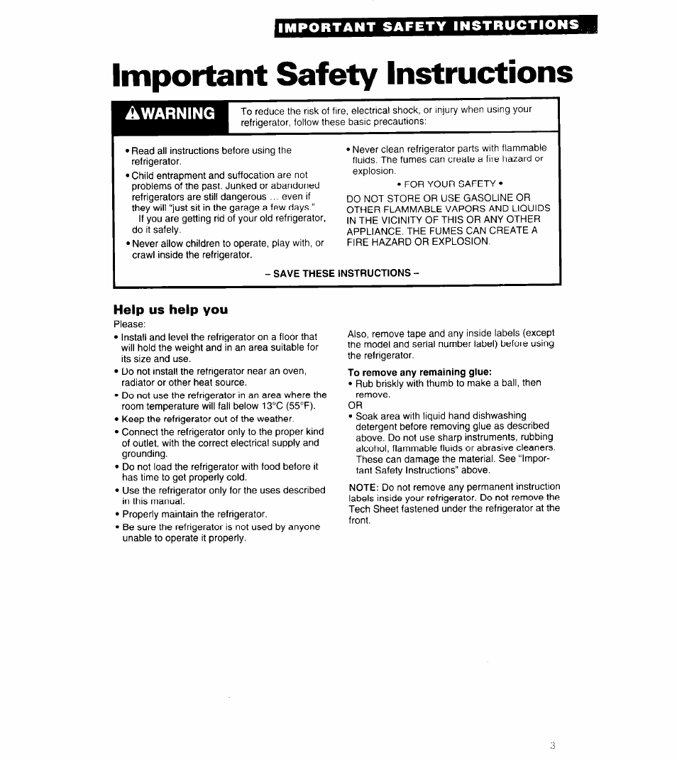 Important safety instructions, Awarning, Help us help you | Whirlpool 6ED25DQ User Manual | Page 3 / 24