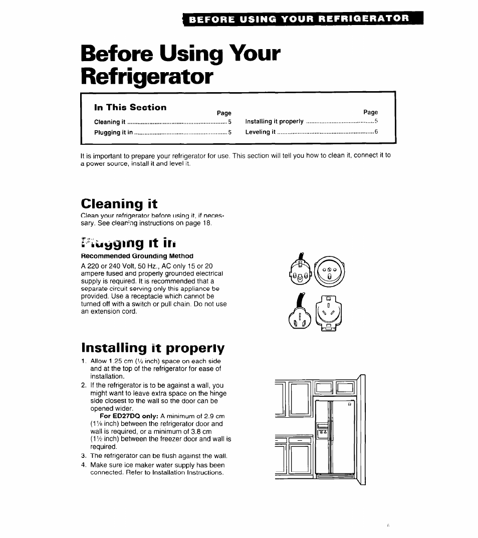 Before using your refrigerator, Cleaning it, Plugging it in | Installing it properly | Whirlpool 6ED25DQ User Manual | Page 5 / 24