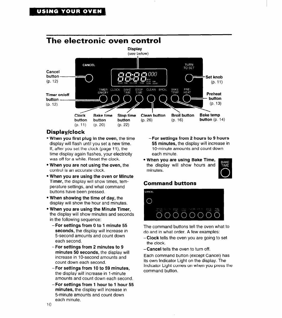 The electronic oven control, Display/clock, Command buttons | Using your oven, U u’u | Whirlpool SB160PED User Manual | Page 10 / 36