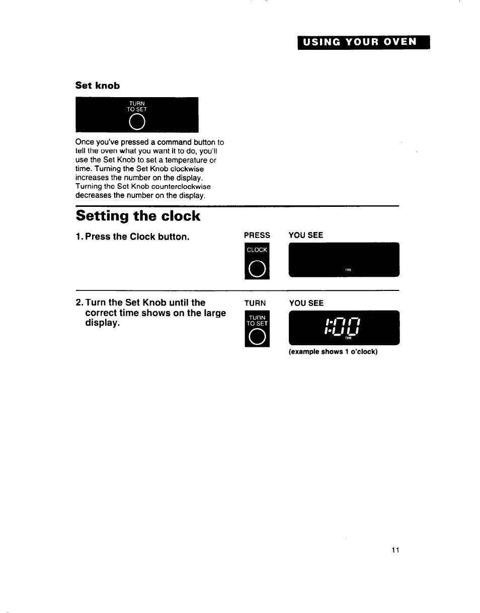 Set knob, Setting the clock, Press the clock button | Whirlpool SB160PED User Manual | Page 11 / 36