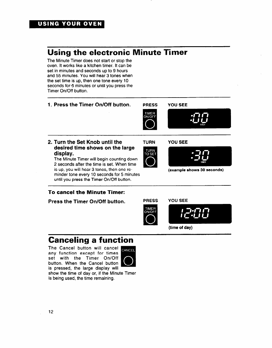 Using the electronic minute timer, Press the timer on/off button, 11_ -#_l u | Canceling a function, I if i, I _l-f 11 i | Whirlpool SB160PED User Manual | Page 12 / 36