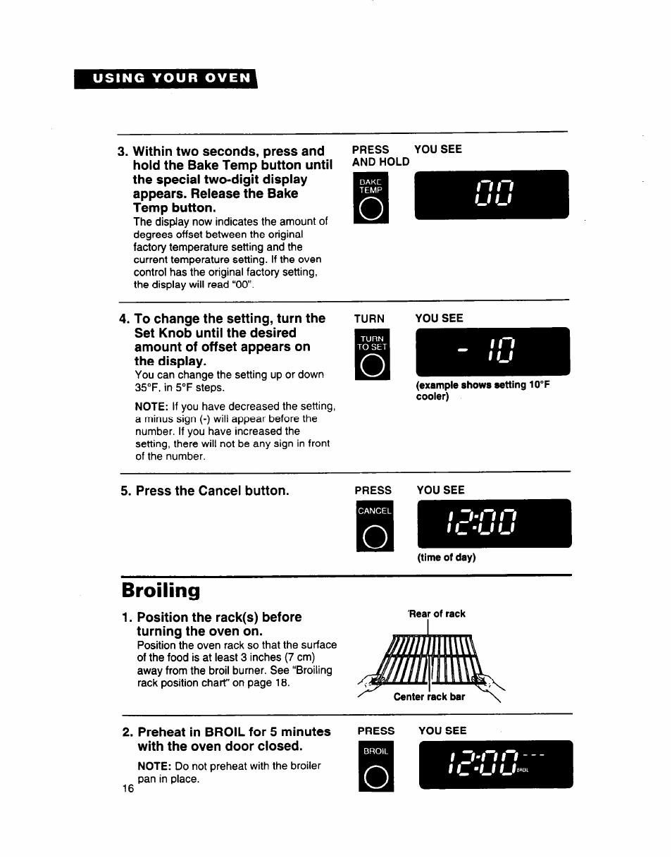 Ii i ll_l, I j-t 11 i, Broiling | I ii i u u, Ii i, I _l-l 11 i i -(_! (_i | Whirlpool SB160PED User Manual | Page 16 / 36