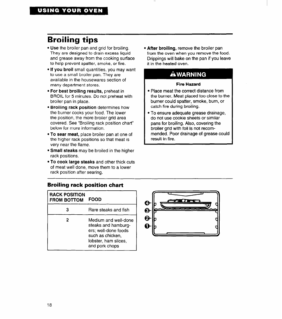 Broiling tips, Warning | Whirlpool SB160PED User Manual | Page 18 / 36