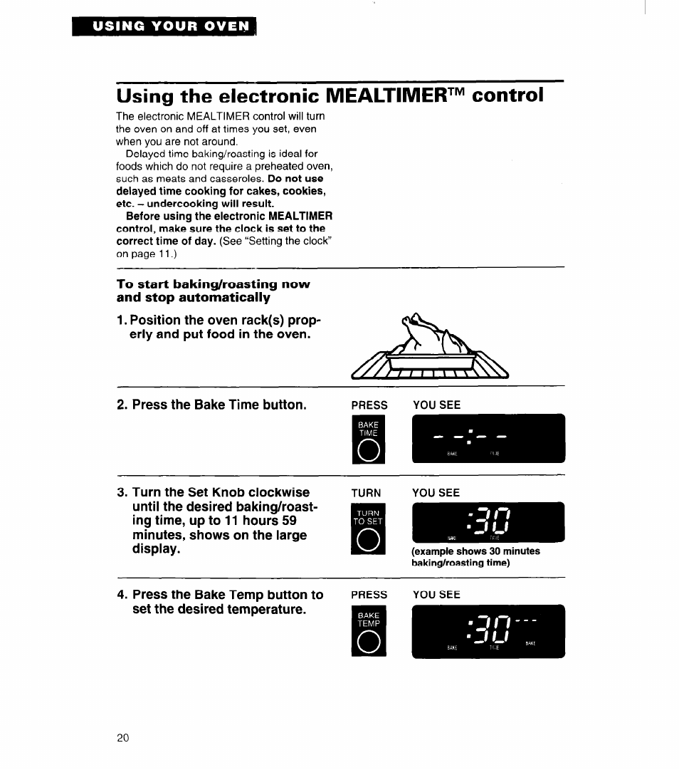 Using the electronic mealtimer''^'^ control, J i i | Whirlpool SB160PED User Manual | Page 20 / 36