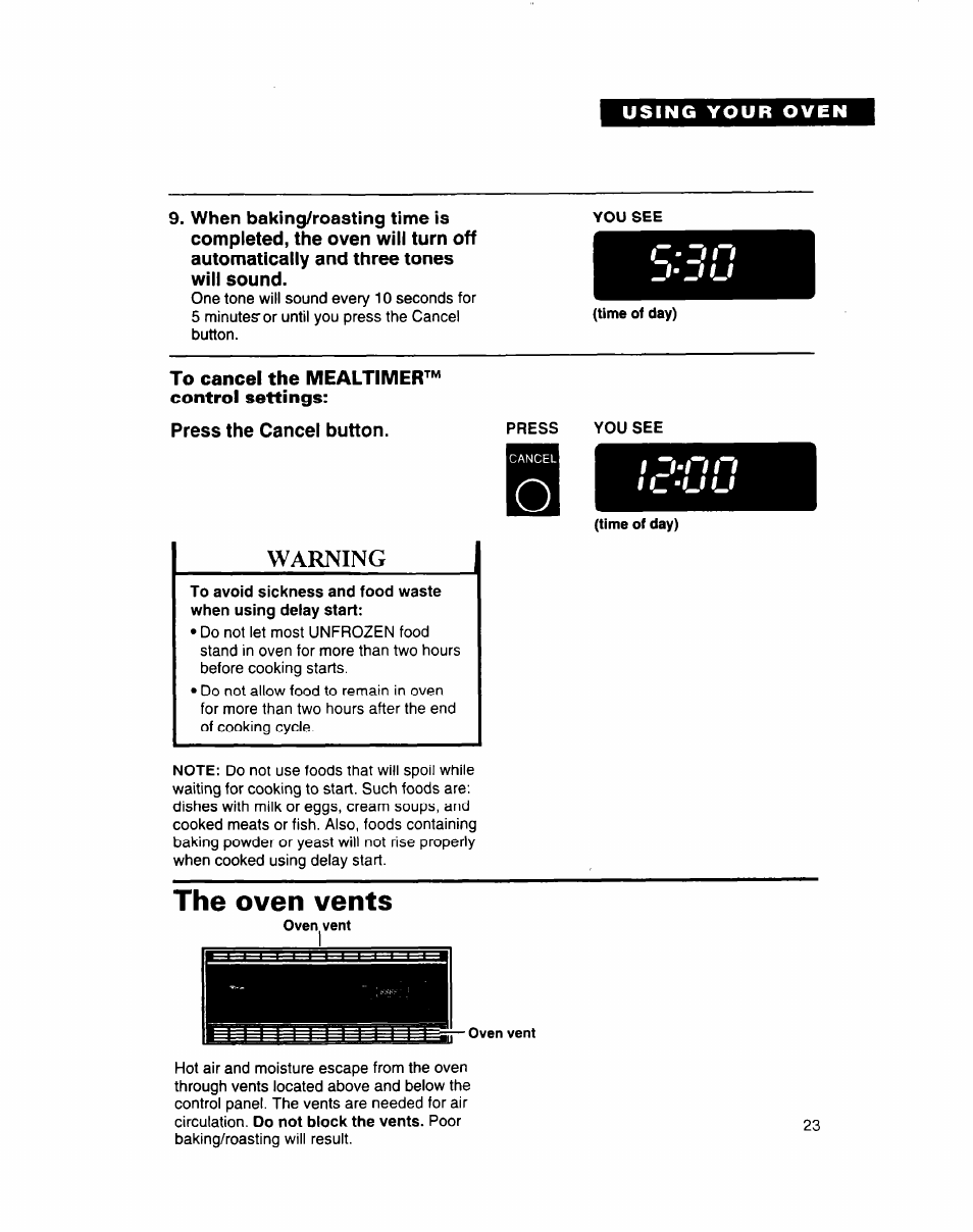 Time of day), To cancel the mealtimer™ control settings, The oven vents | Warning | Whirlpool SB160PED User Manual | Page 23 / 36