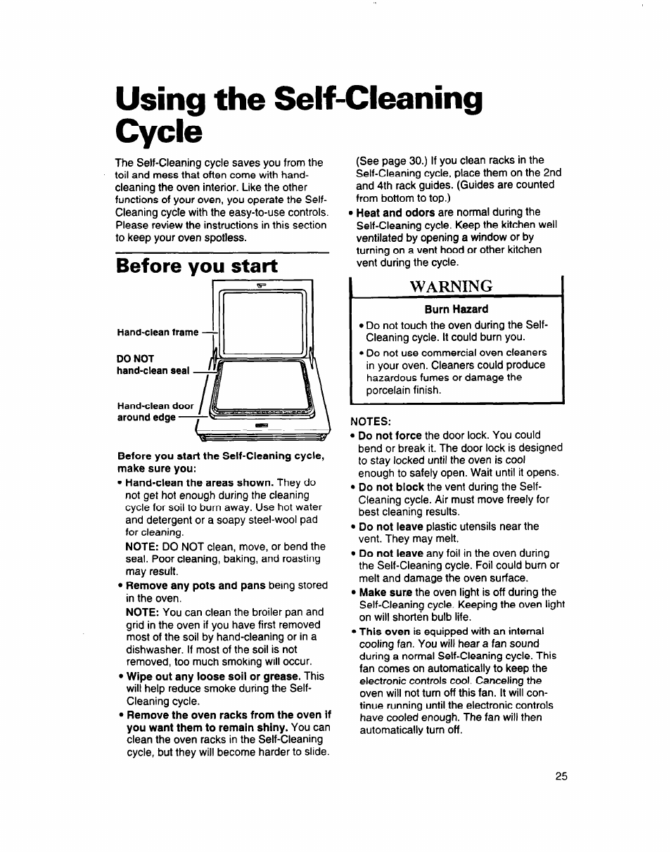 Before you start, Using the self-cleaning cycle, Warning | Whirlpool SB160PED User Manual | Page 25 / 36