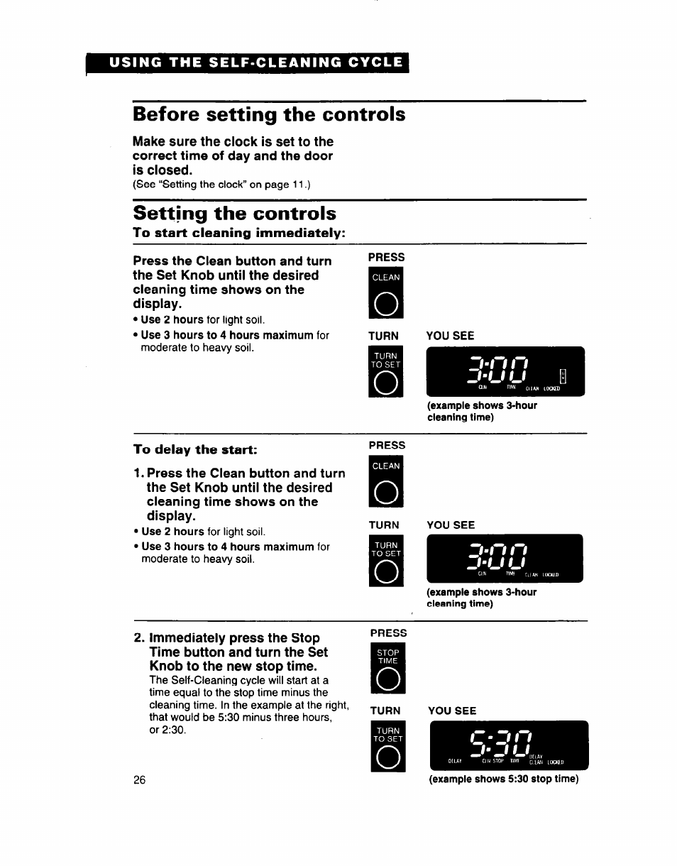 Before setting the controls, Setting the controls, To start cleaning immediately | To delay the start, F-f if i _m_f u, F-f if i, Nj-u u | Whirlpool SB160PED User Manual | Page 26 / 36