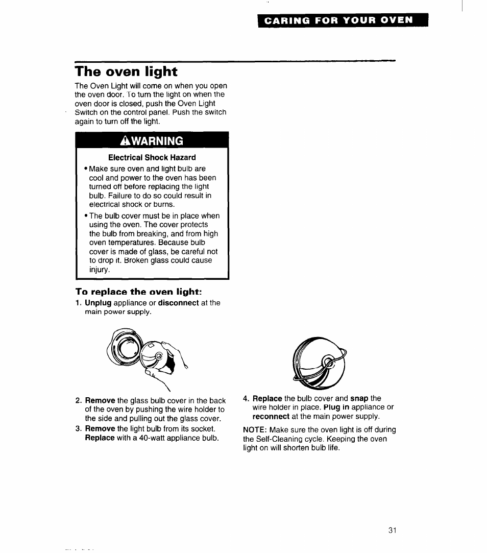 The oven light, To replace the oven light, Warning | Whirlpool SB160PED User Manual | Page 31 / 36